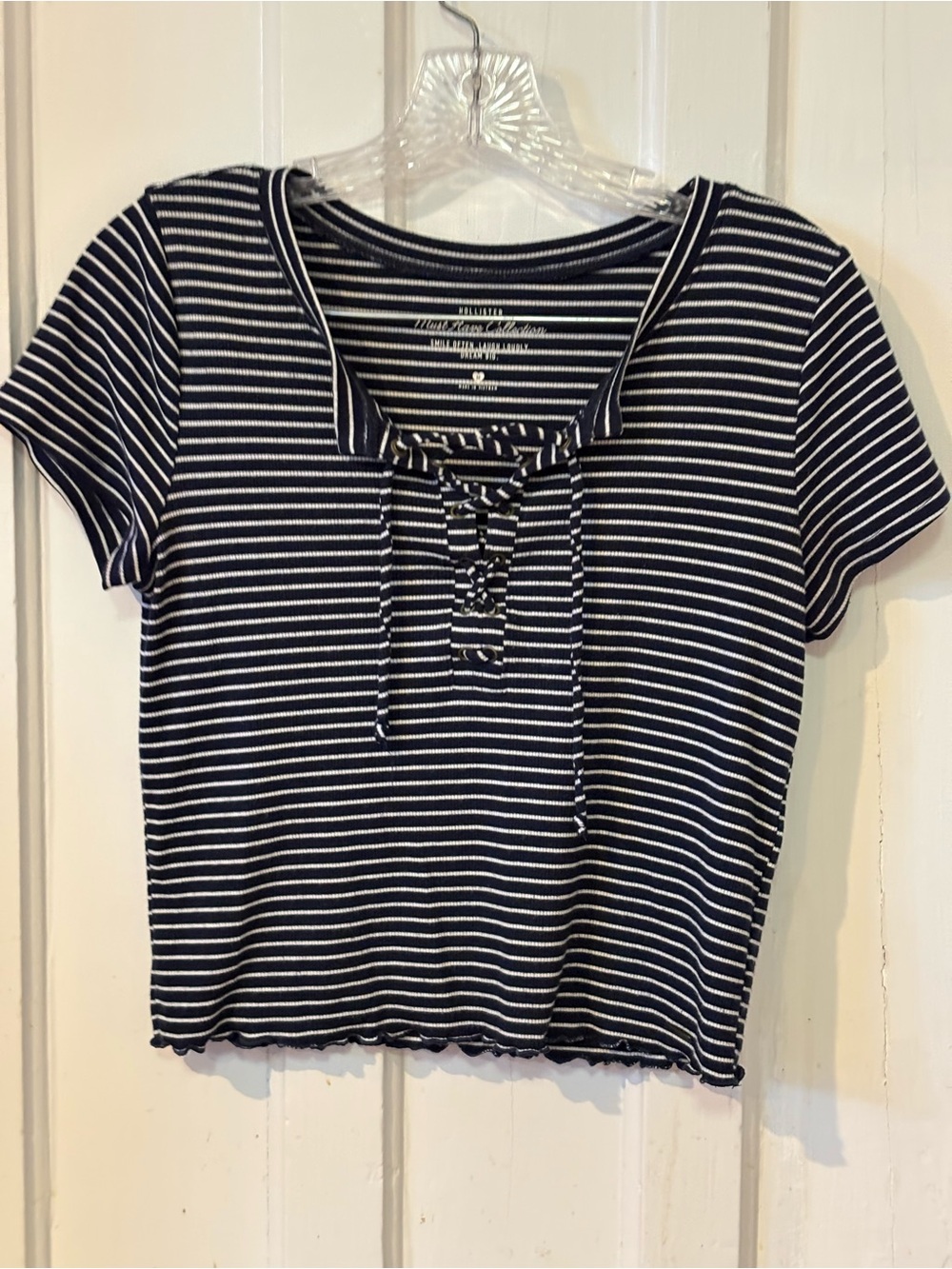 Hollister Navy and White Striped Lace-Up Crop Top